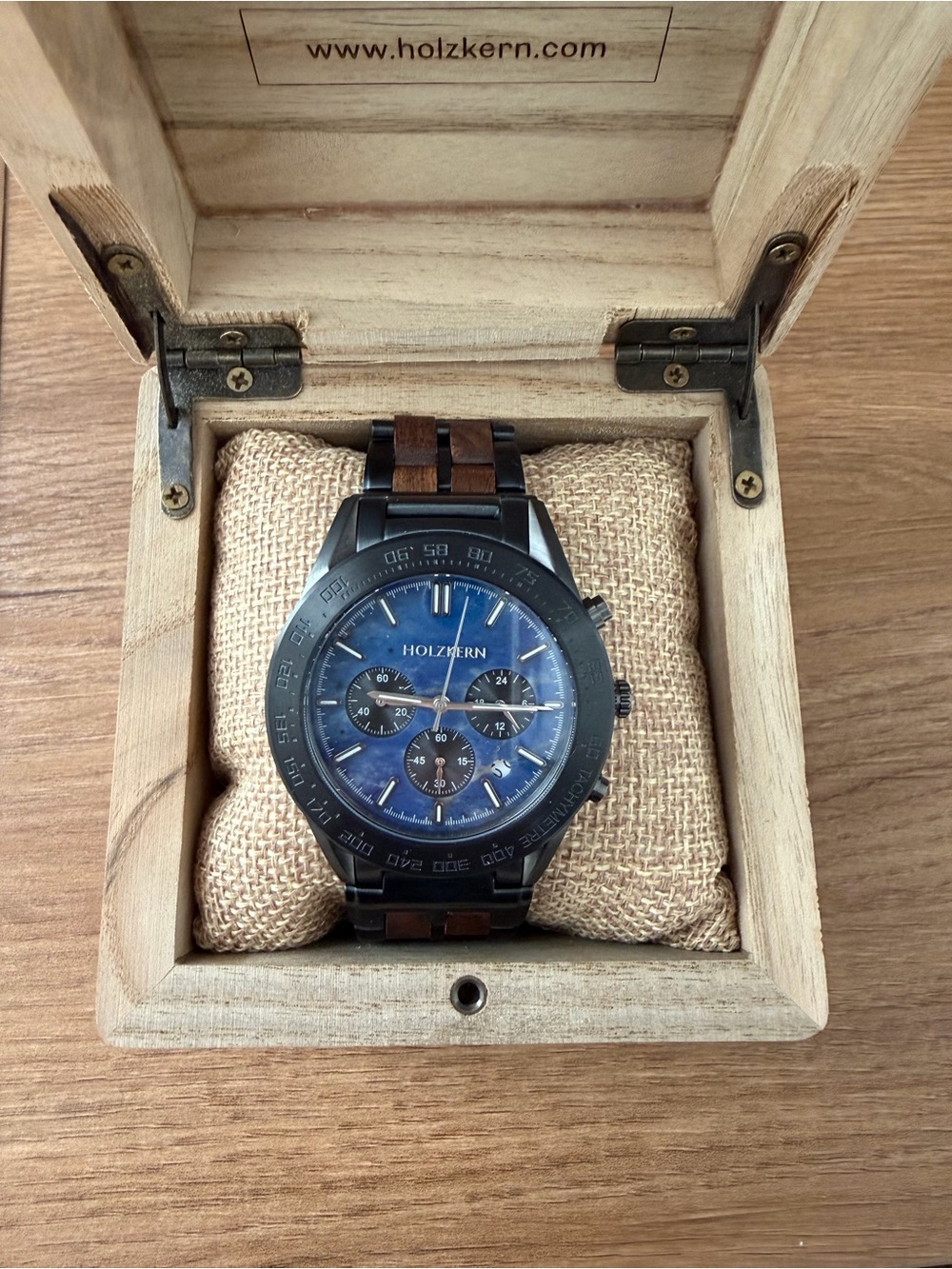 Holzkern Men's Blue Dial Chronograph Watch with Black & Brown Bracelet
